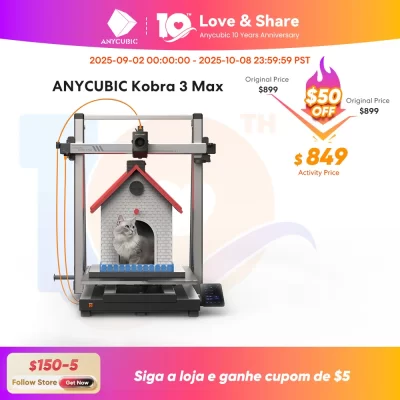 Impressora 3D ANYCUBIC Kobra 3 Max FDM com velocidade de impressão de até 600 mm/s, extrusora direta de engrenagem dupla, volume de construção 420*420*500mm
