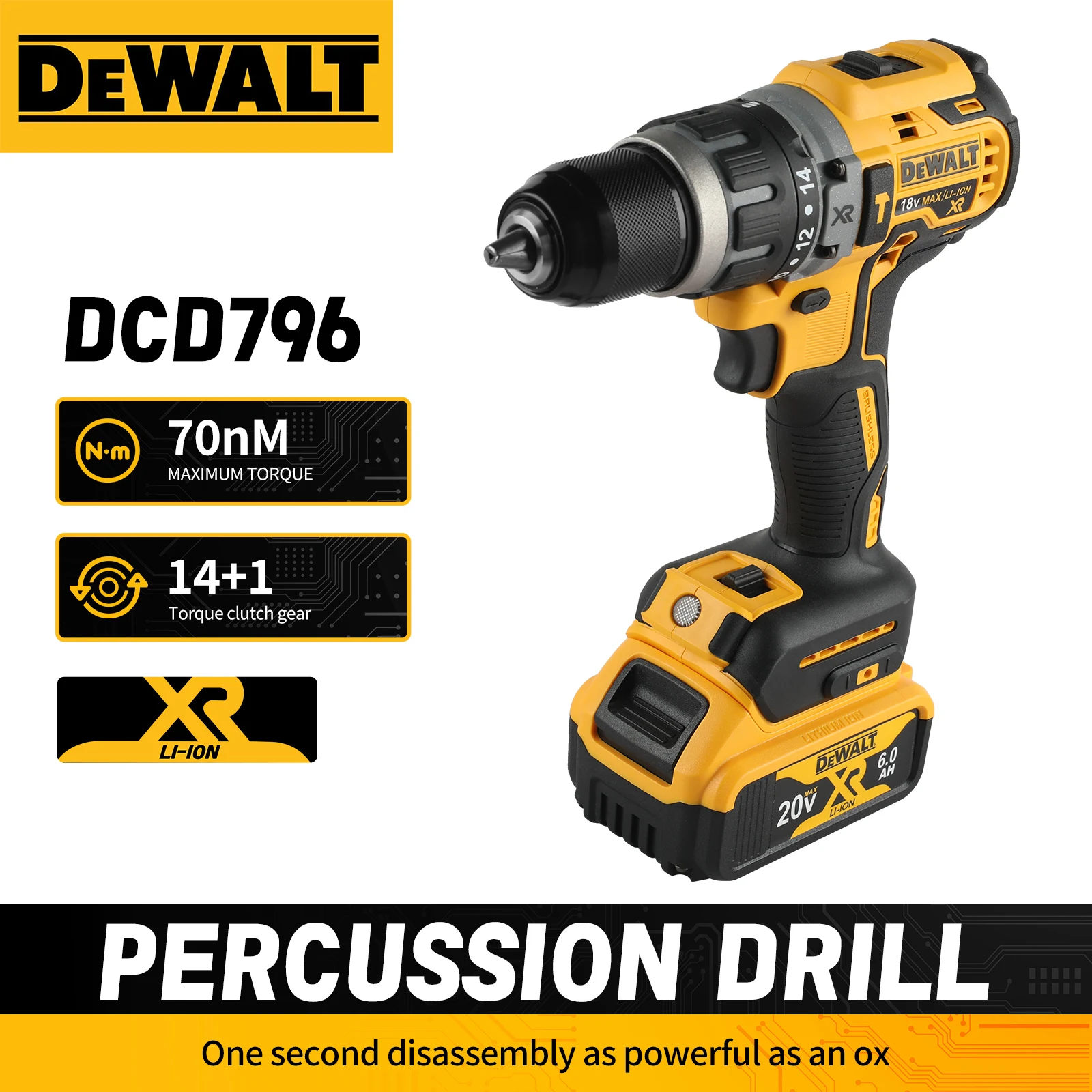 Broca DeWALT DCD796: 20V, motor sem escova, torque de 70Nm, 14 + 1 engrenagens de embreagem, 0-2200rpm e design ergonômico para uso preciso e confortável