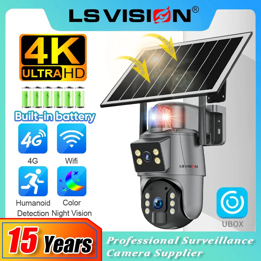 LS VISION Ubox 8MP 4G SIM Câmera solar sem fio Wifi ao ar livre Tela dupla 4K Detecção humana Rastreamento automático 360 ° Câmeras de vigilância