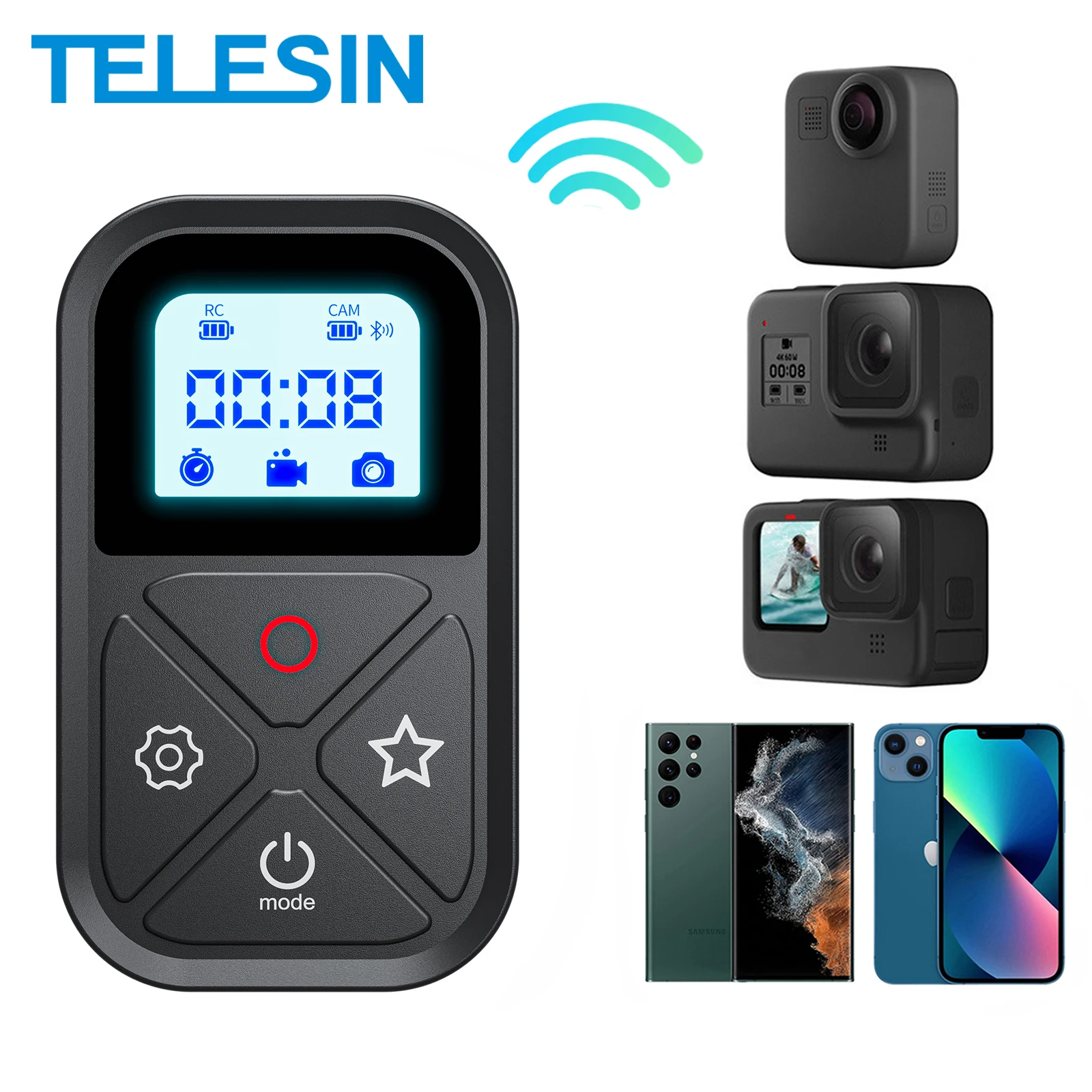 Telesin controle remoto bluetooth para gopro hero 13 12 11 10 9 com pulseira 80m controle remoto inteligente sem fio para acessórios gopro
