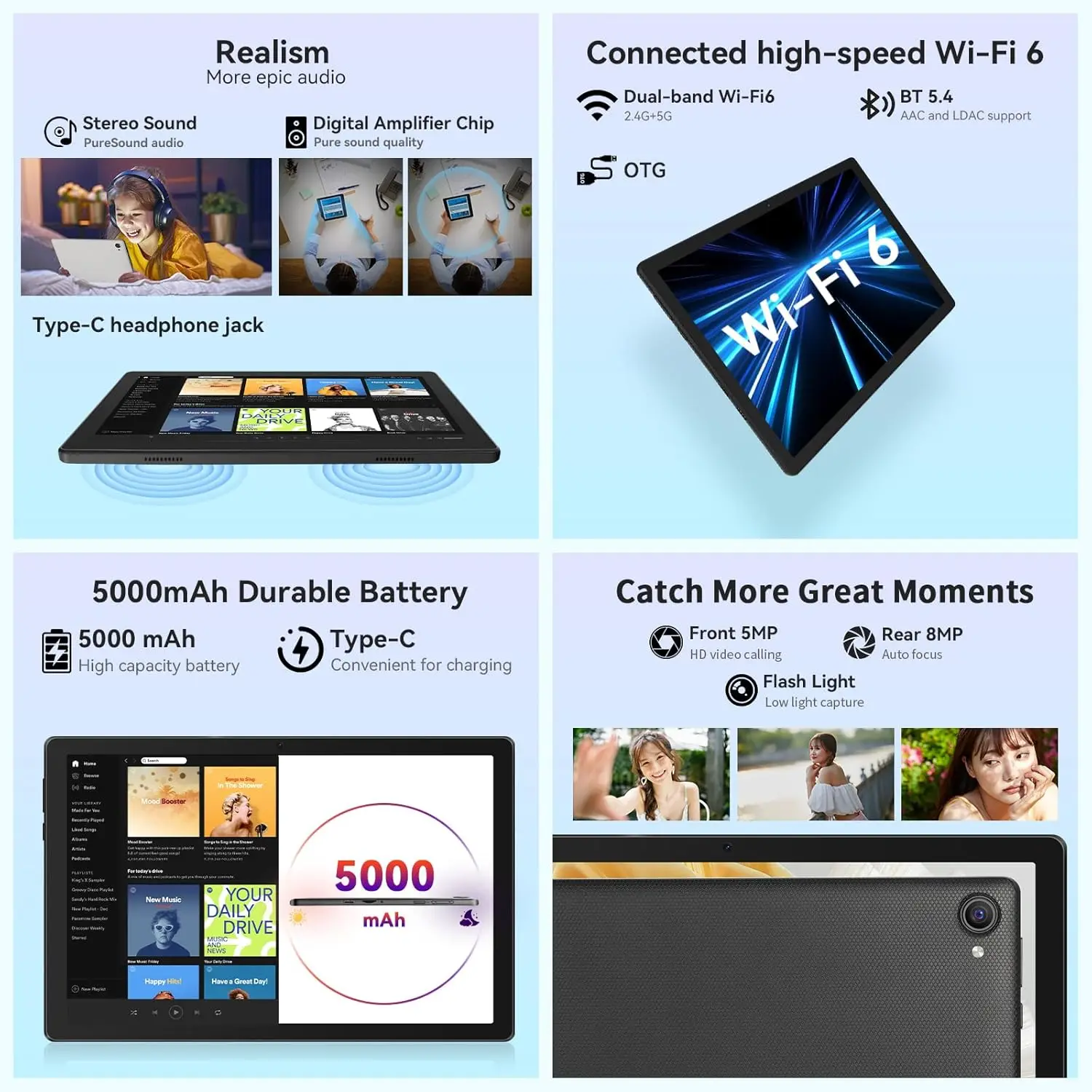 URAO 10 Inch Tablet Android 14 8GB(3+5 Expand) RAM 64GB ROM 1TB Expand 1280x800 IPS Screen 5000MAH Battery Dual Cameras WiFi 6 - Image 6