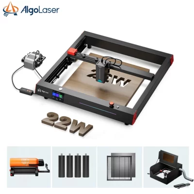 Máquina de gravação a laser AlgoLaser Delta 22W com tela sensível ao toque de 3,5 polegadas/rolo rotativo/ralisadores/plataforma/tampa para design personalizado