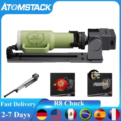 ​ ​ Atomstack r8 laser rotativo rolo mandíbula mandril acessório para gravura objetos cilíndricos como copos de vinho anel de tacos de beisebol