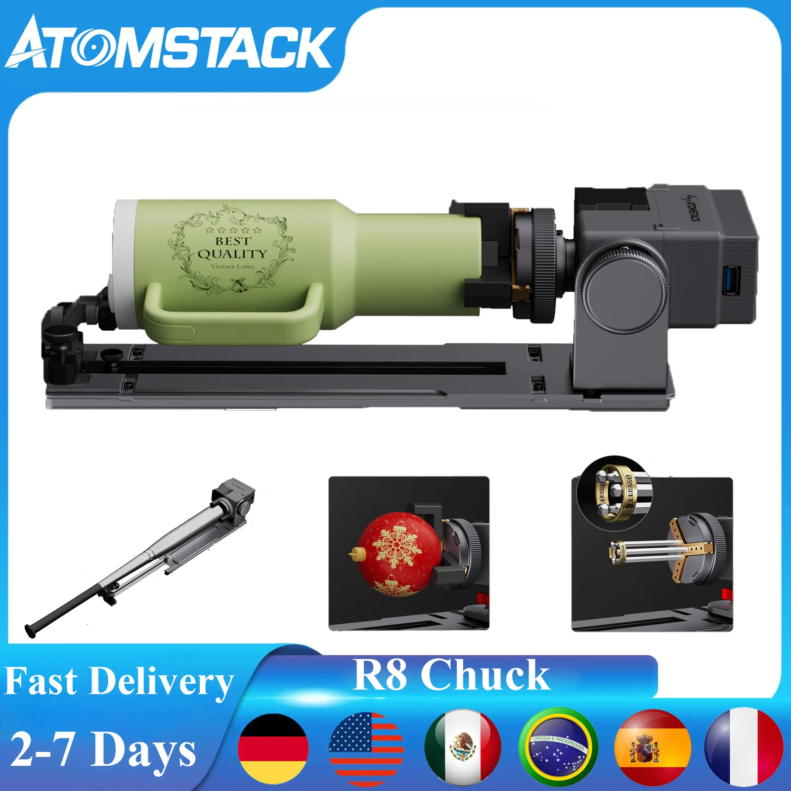  Atomstack r8 laser rotativo rolo mandíbula mandril acessório para gravura objetos cilíndricos como copos de vinho anel de tacos de beisebol