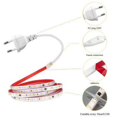 120led/m luz de tira led 220v flexível & 10cm decoupável barra de lâmpada macia 2835 fita adesiva plugue da ue vaidade armário guarda-roupa decoração casa
