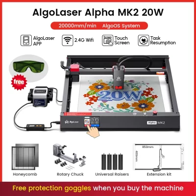 AlgoLaser Alpha MK2 Gravador a laser 20 Potência de saída 3,5 polegadas Tela sensível ao toque colorida App Controle offline Ferramenta de gravação DIY para metal MDF