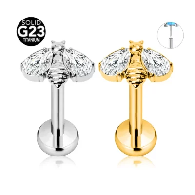 ASTM F136 G23 Titanium Abelha Inseto Threadless Piercing Daith Conch Tragus Brinco traseiro plano Pin Push in Lip Stud 16G 18G 20G