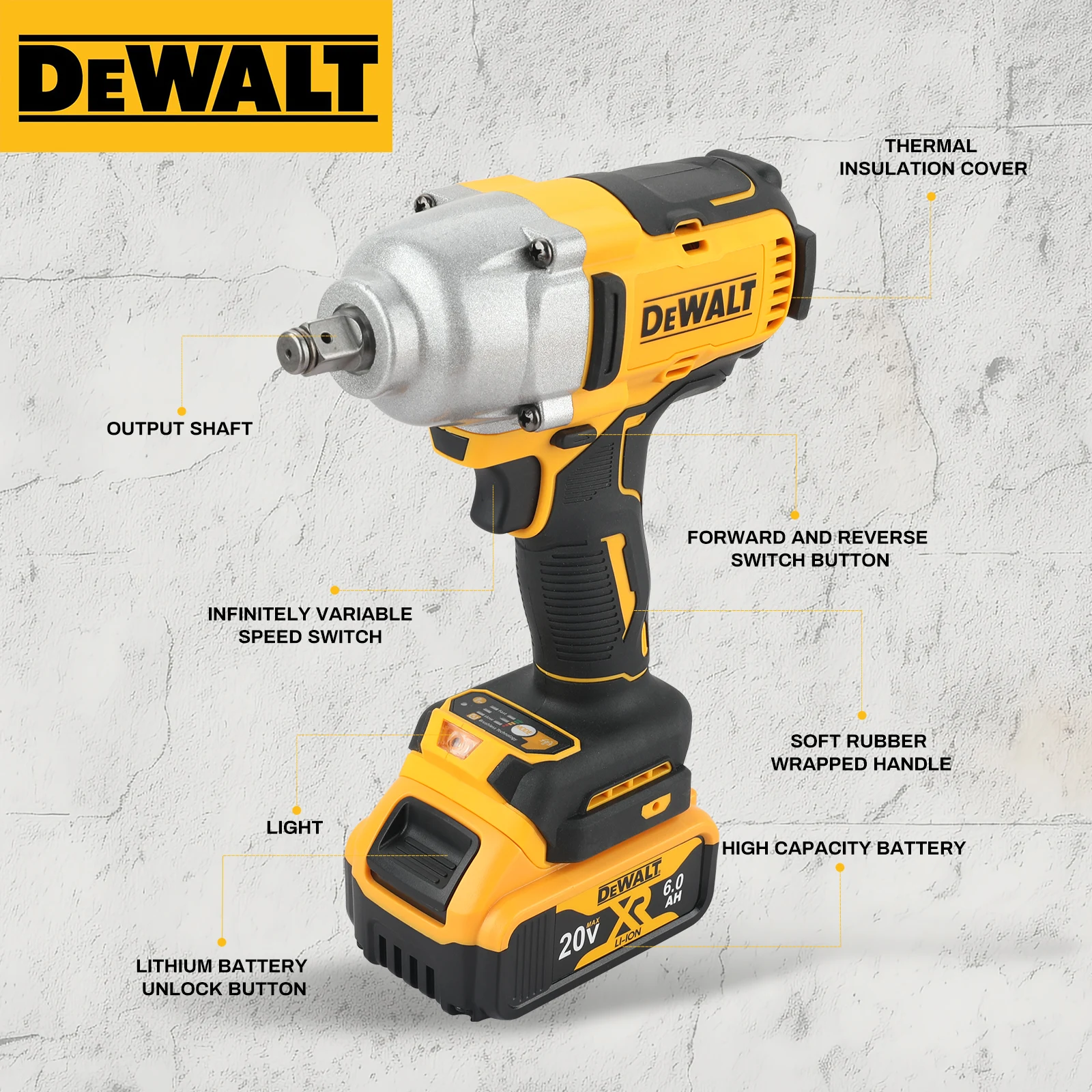 Chave de impacto sem escova DeWALT: potência de 20 V, torque 1898N.M, velocidade movida a pressão, segurança dupla e design ergonômico para trabalhos pesados - Image 5