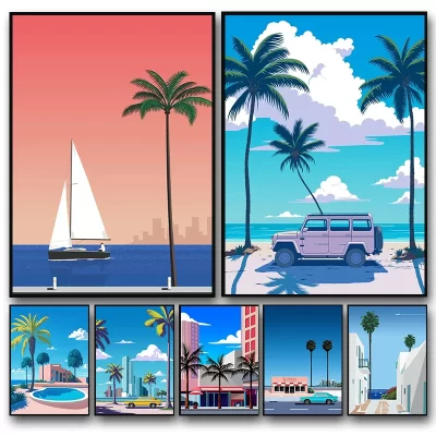 Pop cidade paisagem arte da parede cartaz impressão hiroshi nagai palm springs pôr do sol piscina carro pintura em tela museu fotos decoração de casa