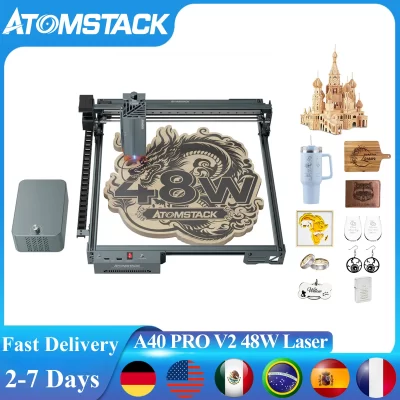 Atomstack a40 pro v2 48w máquina de corte e gravação a laser com kit de assistência de ar f60 madeira acrílico impressora a laser de aço inoxidável