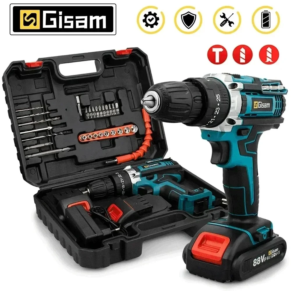 Gsiteis bateria chave de fenda impacto multifuncional sem fio furadeira ferramenta elétrica 25 + 3 configuração torque 2 velocidade engrenagem chave de fenda elétrica