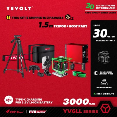 Yevolt yvgll4xs12 série laser verde nível 3 aviões 12 linhas auto-nivelamento 360 3d ferramentas de medição de energia horizontal e vertical