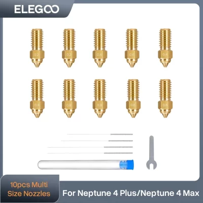 ELEGOO 10pcs Bicos de vários tamanhos para impressora 3D Neptune 4 Plus/Max, bicos Hotend de latão 0,4 / 0,6 / 0,8 / 1,0 mm com kits de limpeza