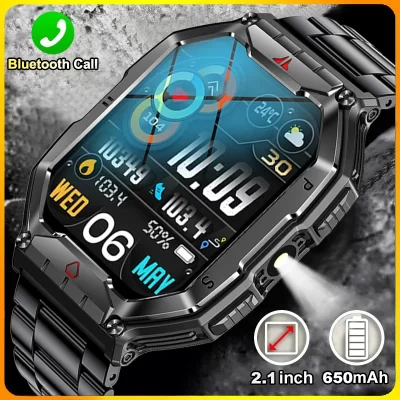 Novo robusto militar com lanterna led relógio inteligente masculino freqüência cardíaca bluetooth chamada à prova dwaterproof água ao ar livre smartwatch para android ios