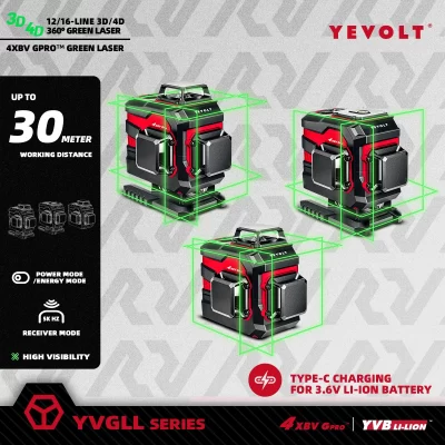 YEVOLT-Nível Laser Verde Horizontal e Vertical, Ferramentas Elétricas, 3, 4 Plane, 12, Linha 16, 360, 4D, 3.6V, 3Ah, Série YVGLL4XS, Auto-Nivelamento