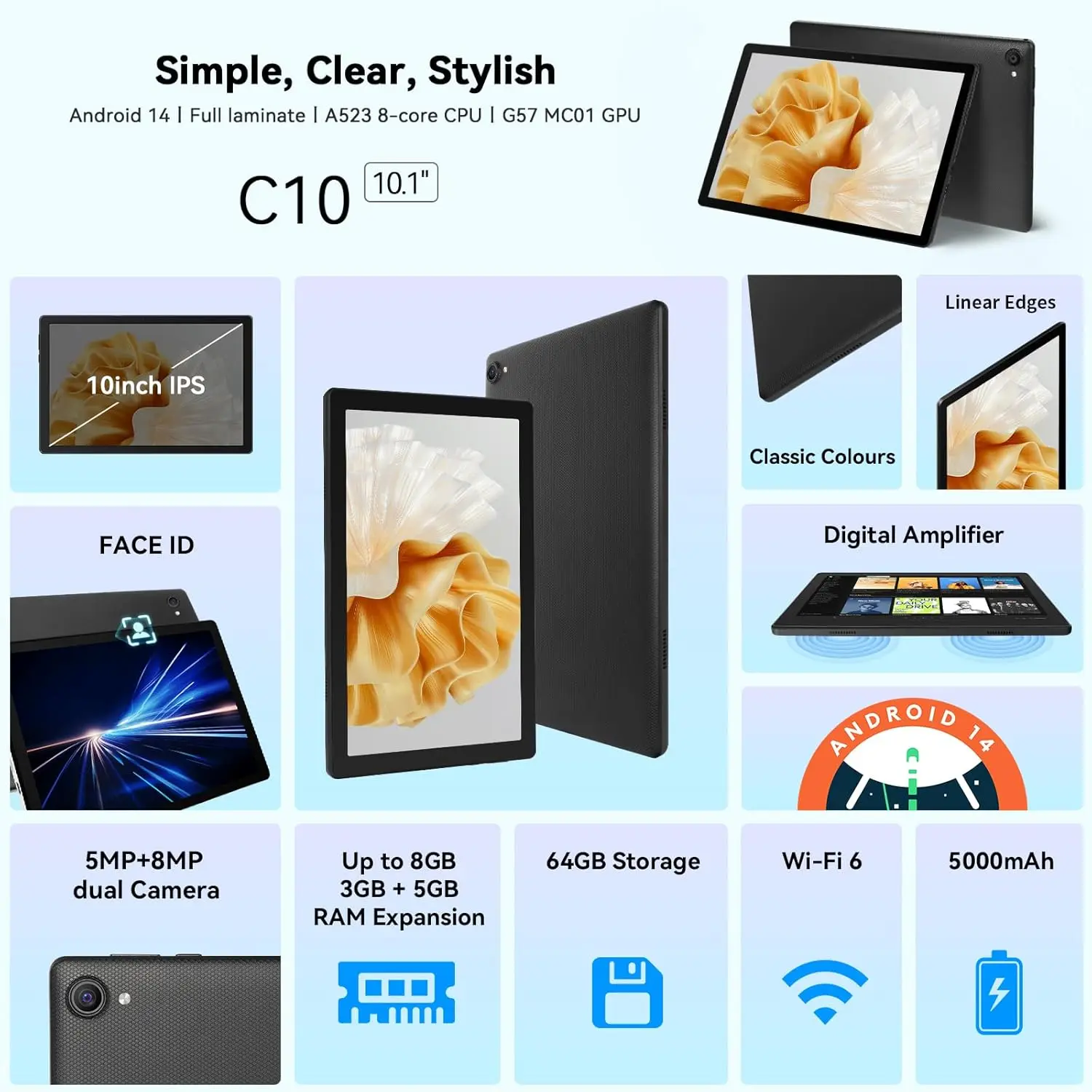URAO 10 Inch Tablet Android 14 8GB(3+5 Expand) RAM 64GB ROM 1TB Expand 1280x800 IPS Screen 5000MAH Battery Dual Cameras WiFi 6 - Image 2