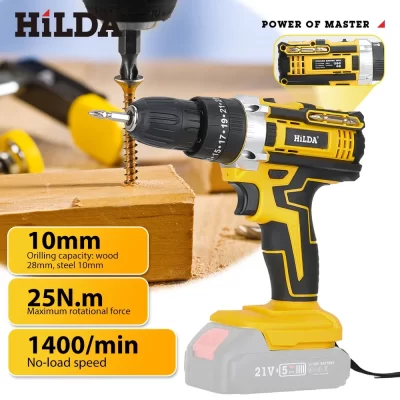 Furadeira elétrica sem fio HILDA 21V Mandril sem chave de 3/8 de polegada equipado com luz de trabalho e chave de fenda elétrica