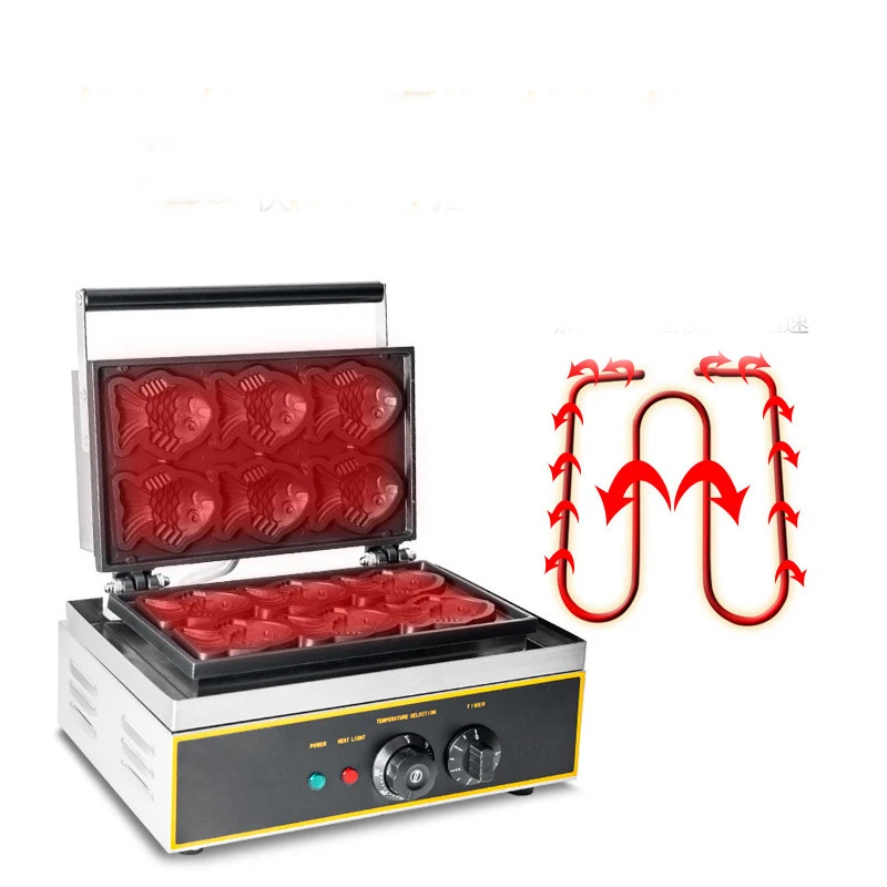 Taiyaki-Revestimento antiaderente em forma de peixe Bakeware, máquina de lanche comercial, fabricante de waffles, 1500W, 6 pcs - Image 3