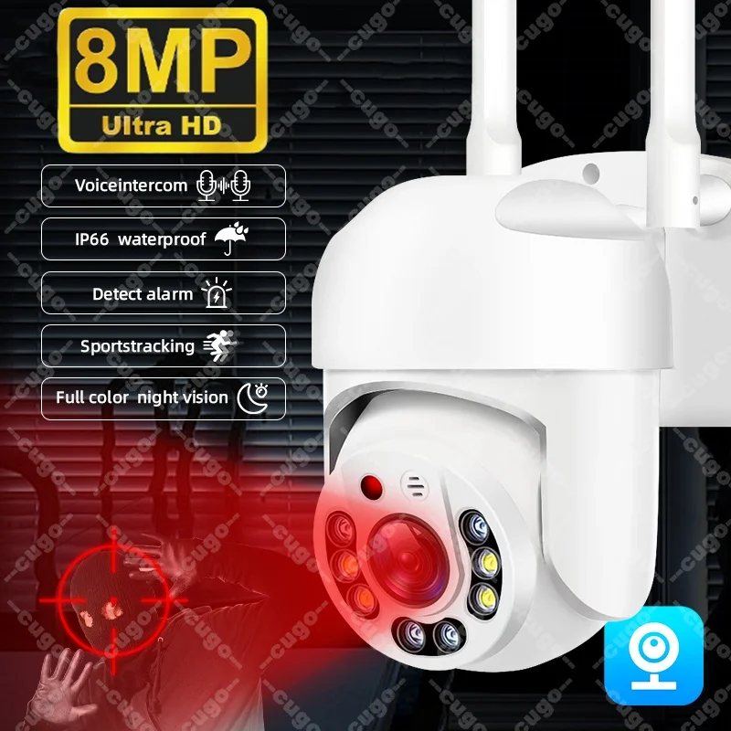 Câmera de vigilância wi-fi de 8mp, à prova d'água, sem fio, ptz, detecção humana, áudio bidirecional, zoom 8x, cctv, monitor de segurança