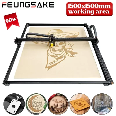 Máquina de gravação a laser cnc 90w, impressora de madeira, corte a laser, área 1500x1500mm, bomba de assistência de ar, roteador cnc