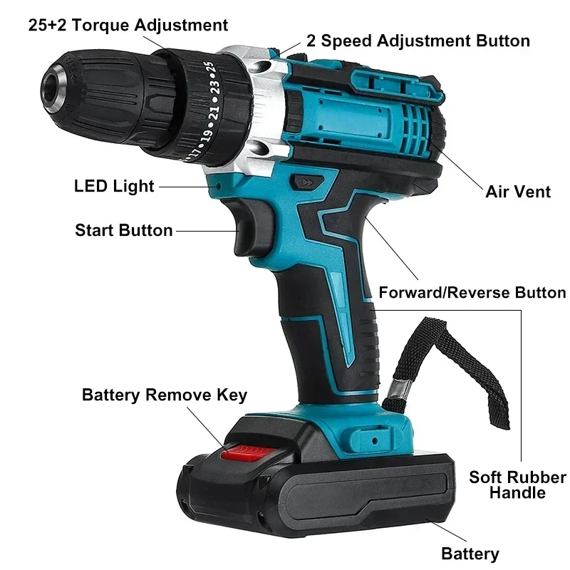 Gsiteis bateria chave de fenda impacto multifuncional sem fio furadeira ferramenta elétrica 25 + 3 configuração torque 2 velocidade engrenagem chave de fenda elétrica - Image 4