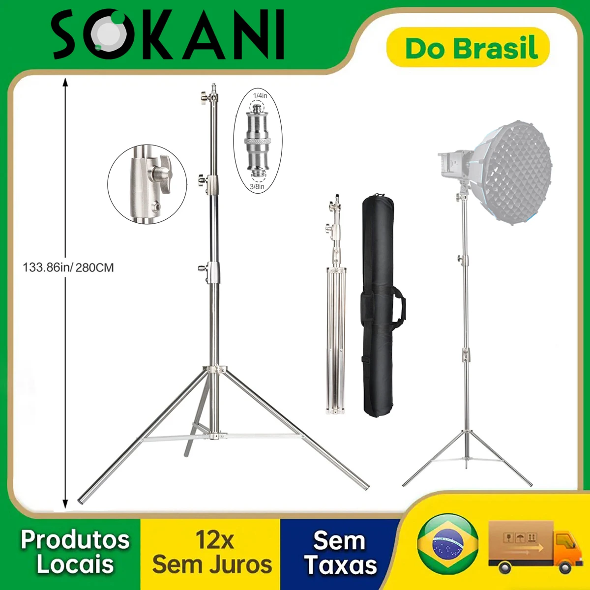【DO BRASIL】 Suporte de luz Kurani 2.8M com bolsa Adaptador universal resistente de aço inoxidável para Sokani X100 Aputure amaran 300c Godox