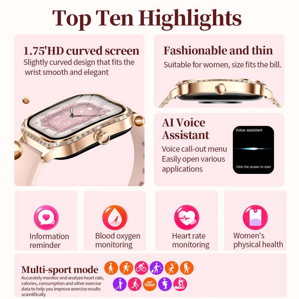 Nova moda feminina relógio inteligente freqüência cardíaca 1.75 Polegada 240*296 tela hd diamante relógio bluetooth chamada à prova dwaterproof água smartwatch senhoras - Image 2