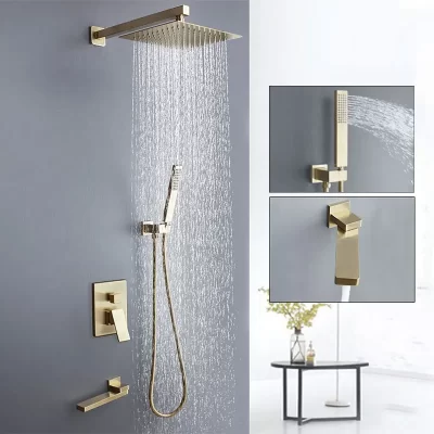 Conjunto de chuveiro de ouro escovado oculto, torneira oculta de 3 vias, sistema de chuveiro, montagem na parede, banheira, chuveiro de chuva, conjunto de torneira misturadora