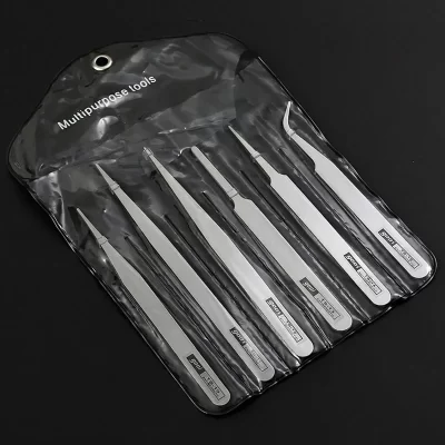 6 pçs/set pinças de aço inoxidável anti-estática precisão dobrada pinças retas ferramenta de reparo de jóias do telefone móvel diy ferramentas manuais