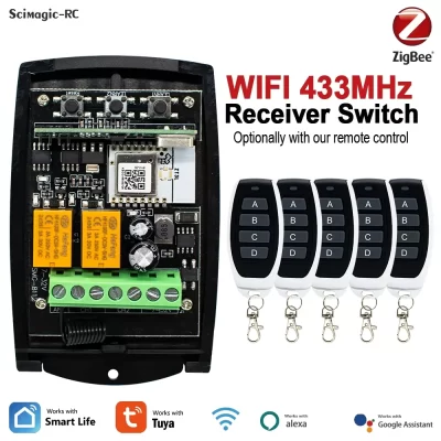 Zigbee receptor de controle remoto inteligente para porta de garagem, 2 canais, wi-fi, 433mhz, ac/dc, 7-32v, 85-250v, módulo de relé, interruptor controlador alexa
