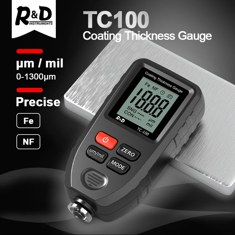 R&D TC100 Revestimento Medidor de Espessura de 0.1 mícrons TC100/0-1300 Filme Pintura Do Carro Espessura Tester Medidor de Medição de FE/NFE russian Manual Ferramenta de Pintura