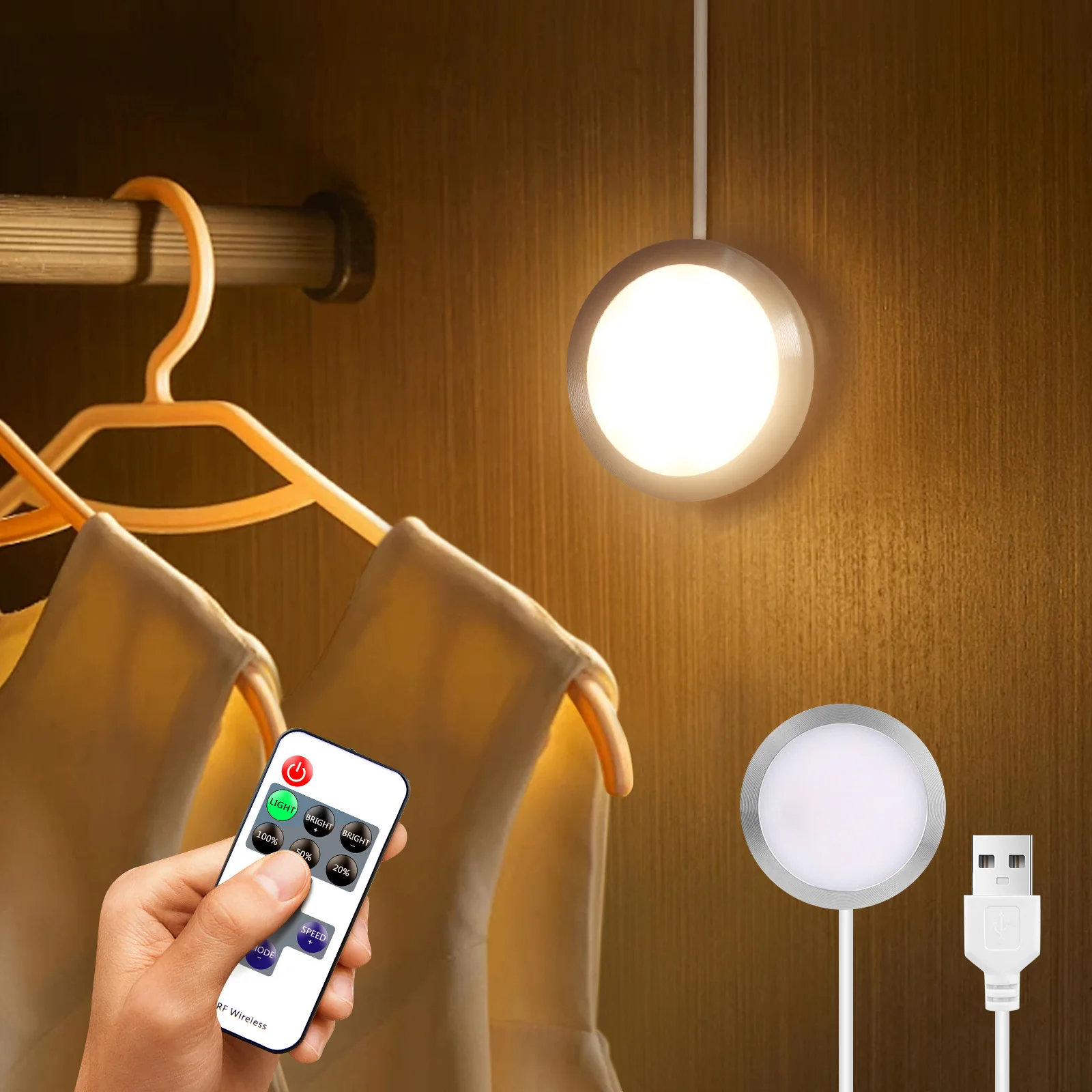 USB Powered LED Gabinete Luz com RF Regulável, Controle Remoto, Cozinha, Guarda-Roupa, Armário, Armário, Iluminação Prateleira, 5V
