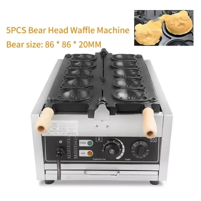 Máquina comercial de cabeça de urso elétrico Waffle, Little Bear Shape, Taiyaki Waffle Maker, revestimento antiaderente, 5pcs, 3000W