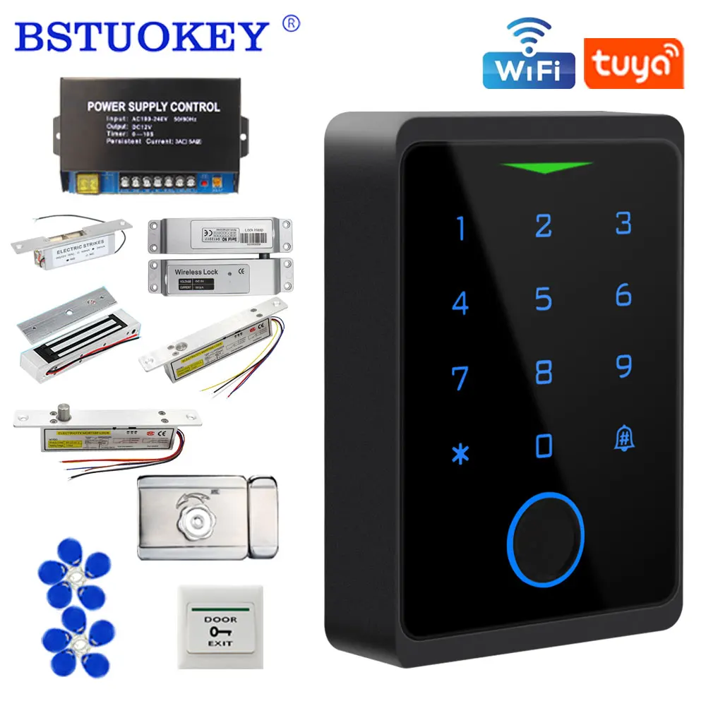 Tuya app wi fi conjunto kit sistema de controle acesso ao ar livre à prova dwaterproof água rfid em impressão digital teclado + 180kg elétrica greve magnética fechaduras