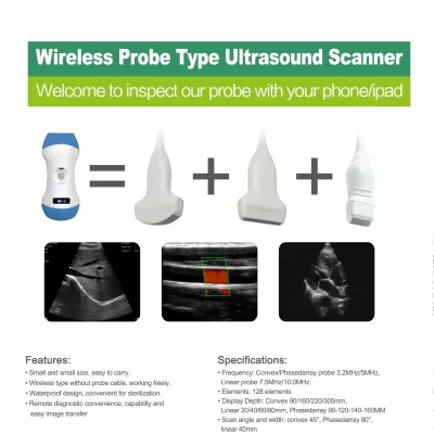 Ultrassom doppler colorido sem fio 3 em 1 sonda 3.5/5mhz convexo 7.5/10mhz linear convexo phased array suporte ios android windows