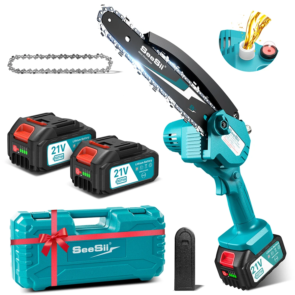 Seesii mini motosserra elétrica sem fio de 8 polegadas, cortador de madeira, ferramentas de poda de jardim com injetor de lubrificação para bateria makita de 18v
