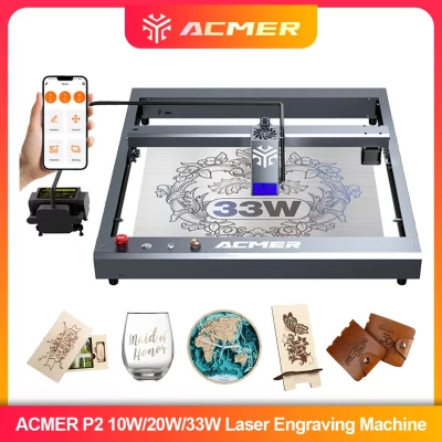 ACMER Gravador a laser P2 33W DIY com trilhos industriais de assistência de ar WIFI APP Gravação a laser Corte Esculpir madeira de vidro para negócios