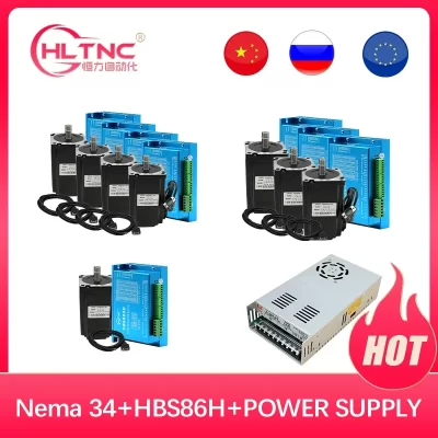 HLTNC 4 eixos Nema34 4.5N 8.5N 12N Kit de motor de passo de circuito fechado + Codificador HBS86H Driver de motor DC + fonte de alimentação CNC 400w60v