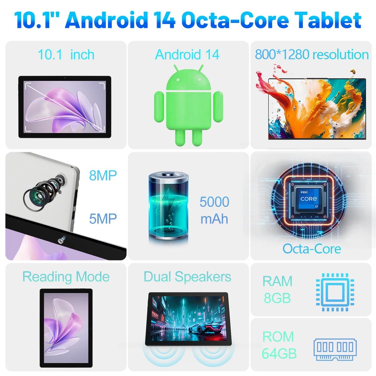 URAO C10 Tablet 10.1 Inch Android 14 Phablet 8GB(3+5) RAM 64GB ROM (1TB TF) Widevine L1 HD Octa-Core 2.0 GHz WiFi6 Bluetooth 5.0 - Image 2