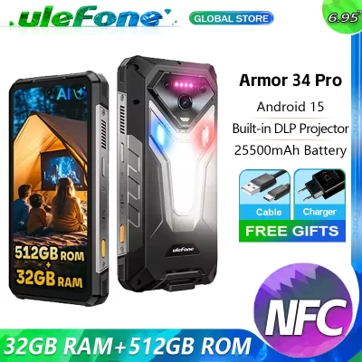 Ulefone Armor 34 Pro 5G AI Rugged Phone 32GB+512GB 25500mAh 6.95" Built-in Projector 120Hz Android 15 MTK 7300 NFC Smartphone