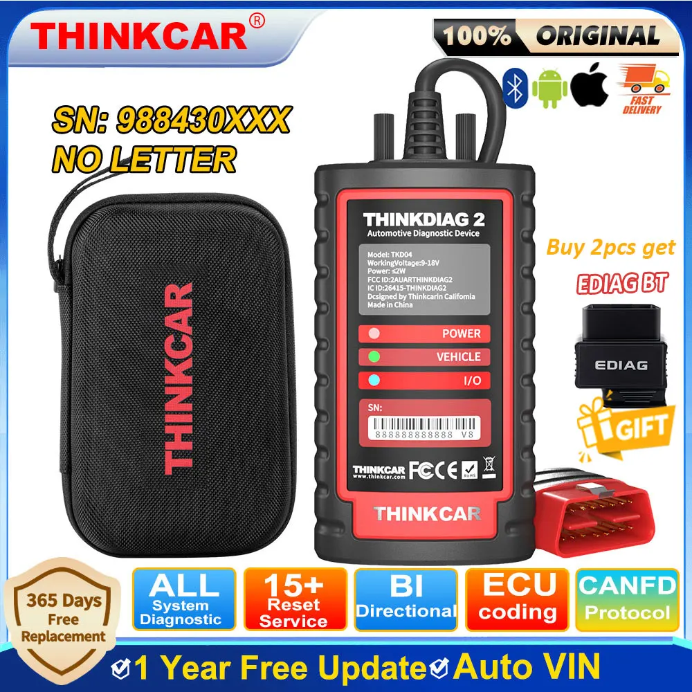 Thinkcar thinkdiag 2 ferramenta de diagnóstico de sistema completo canfd 15 redefinições ecu codificação bidirecional obd2 scanner 1 ano atualização gratuita