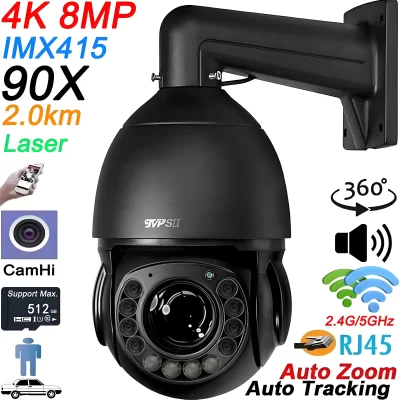 Auto infravermelho do metal do laser que segue o zoom ótico 360 de 8mp 4K 90X ° Áudio de rotação 5.0GHz 2.4GHz WIFI Velocidade PTZ Doom Câmera IP