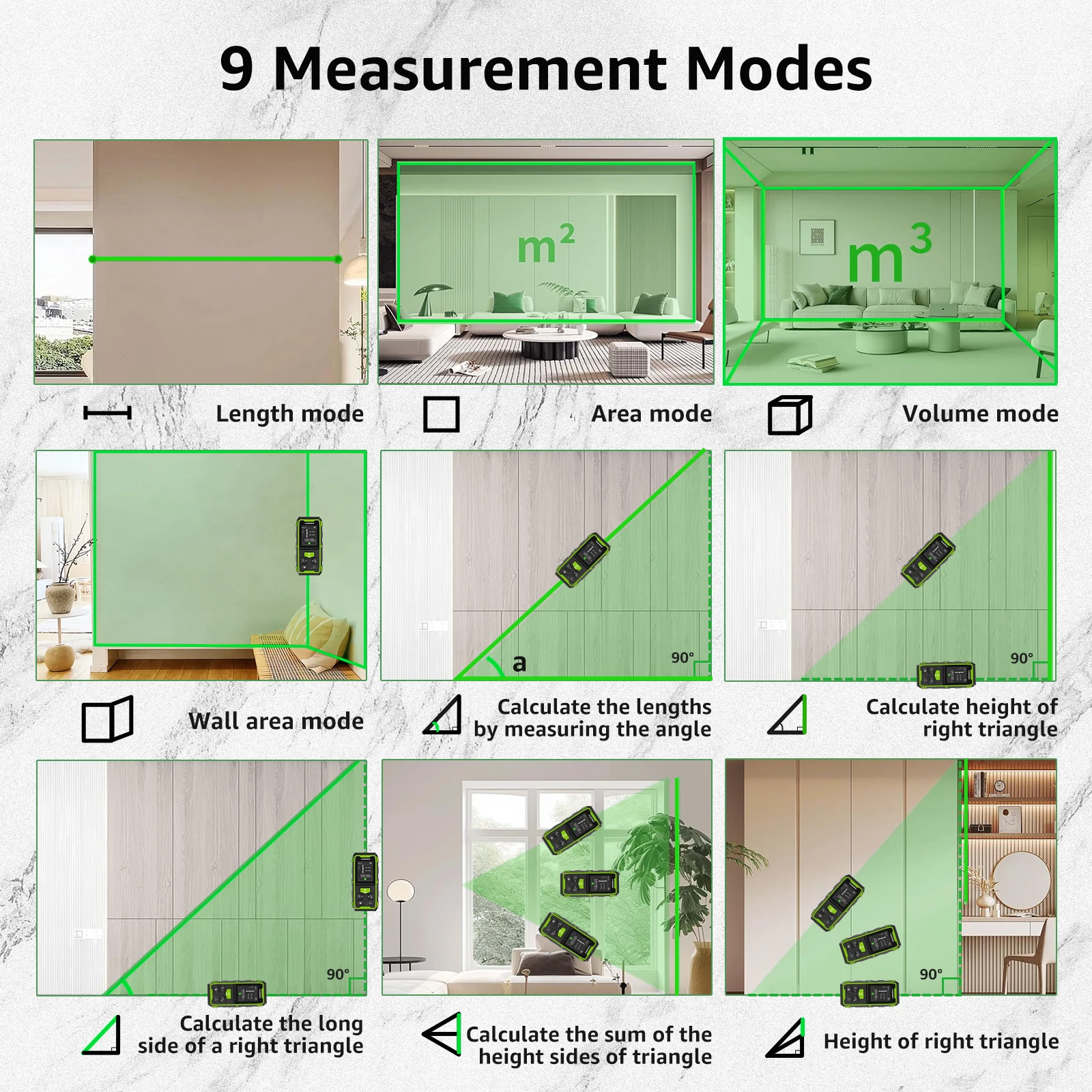 Huepar telêmetro laser duplo medidor de laser de feixe verde 120m/200m ferramenta de medição de unidades múltiplas com display lcd retroiluminado e usb - Image 5