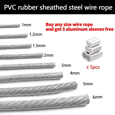 5m/10m/50m/100m cor transparente revestimento plástico pvc 1.0-6mm 304 cabo de corda de fio de aço inoxidável usado para varal, etc.