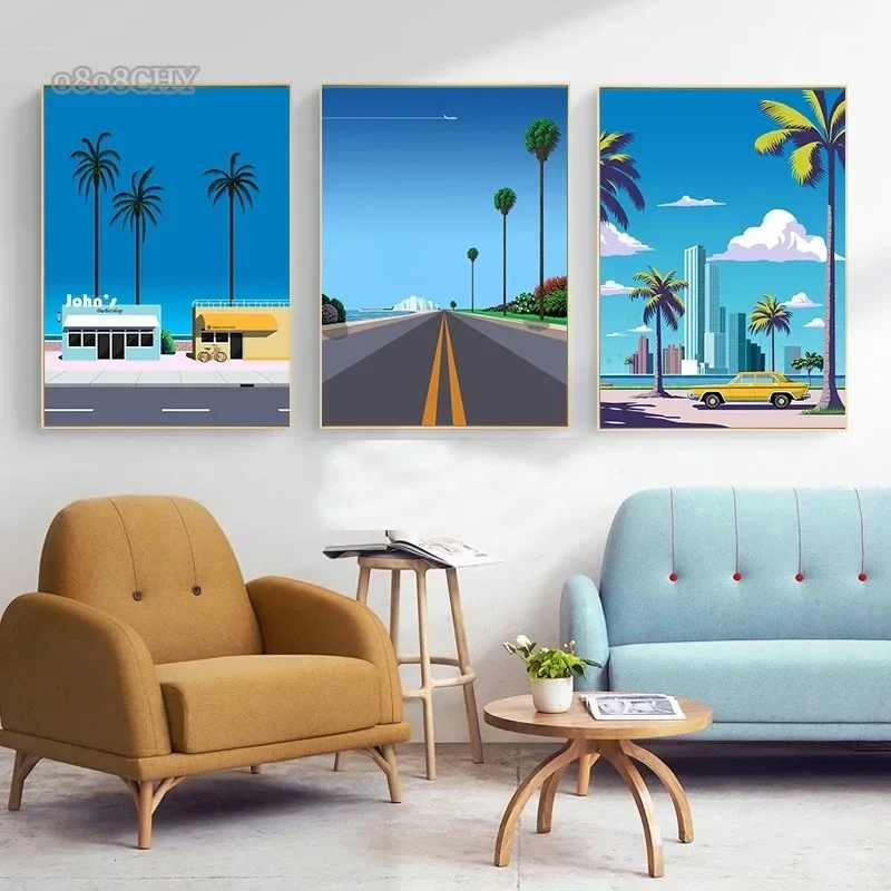Japão praia cidade verão arte da parede cartazes impressões hiroshi nagai vaporwave pintura em tela fotos de parede nordic sala estar decoração - Image 3