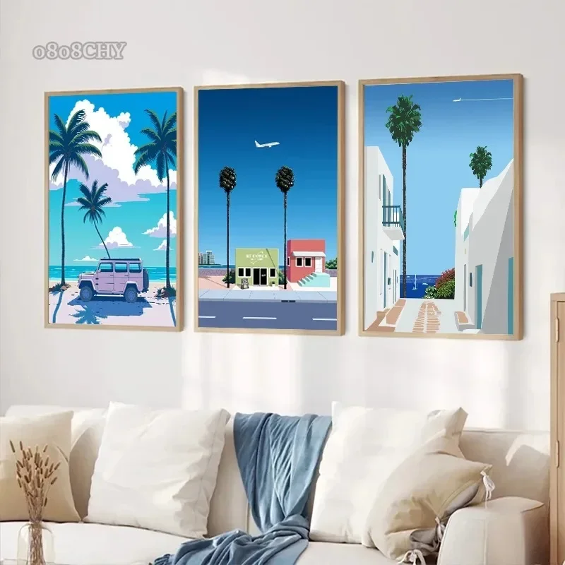 Japão praia cidade verão arte da parede cartazes impressões hiroshi nagai vaporwave pintura em tela fotos de parede nordic sala estar decoração - Image 2