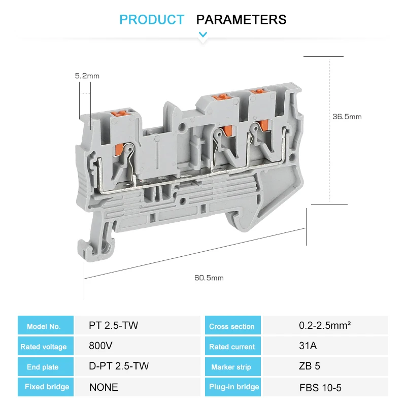 PT 2.5-TW Din Rail Terminal Block Push-in Electrical Connector 2.5mm² PT2.5-Twin 3-Conductor Wire PT2.5-TW - Image 3