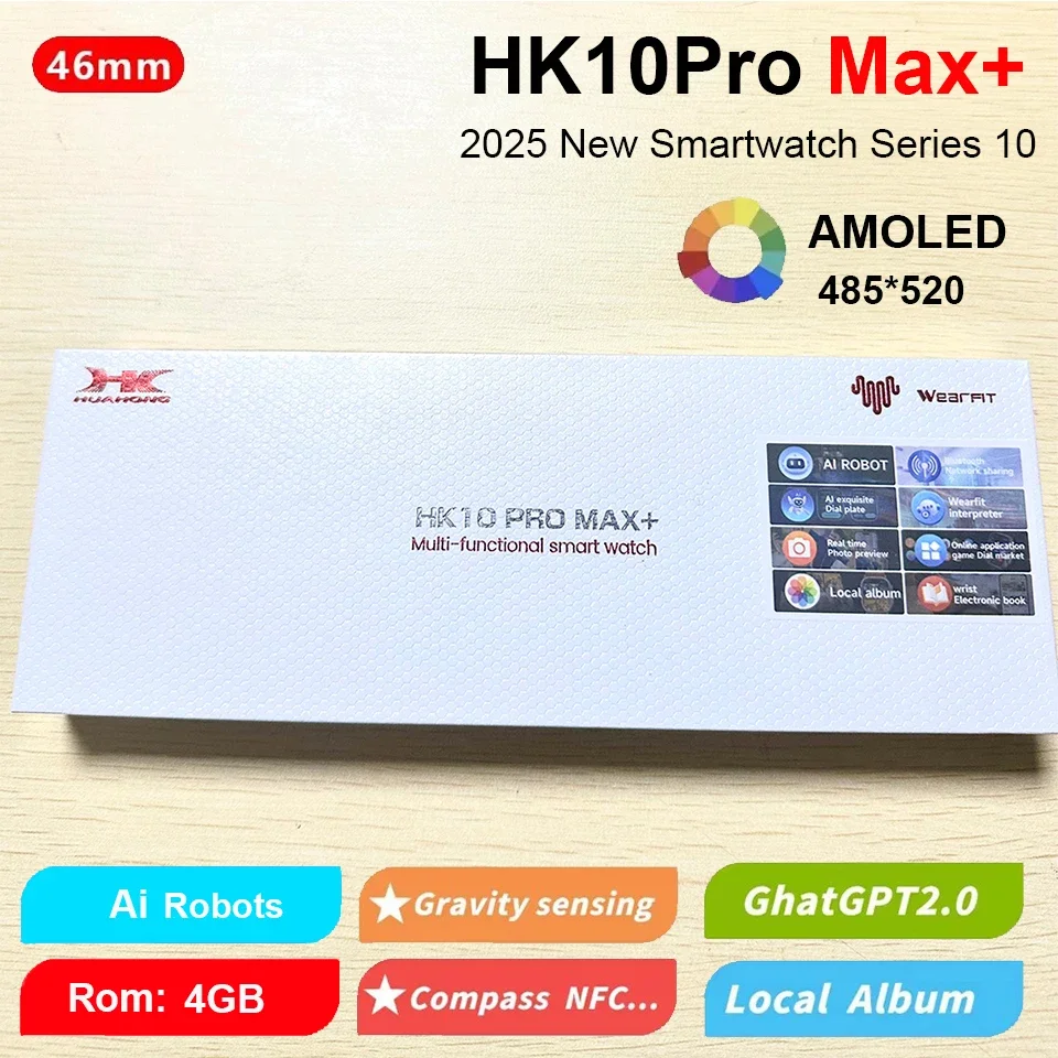 Hk10 pro max + plus relógio inteligente amoled série 10 nfc bússola 4gb álbum local música masculino feminino chatgpt g-sensor smartwatch