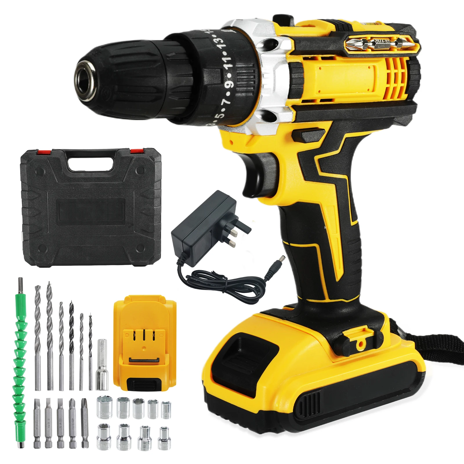 Equipamento de qualquer tarefa com conjunto de broca de impacto sem fio de 21V, motor robusto e poderoso, velocidade variável, recarregável, plugue UK/EU