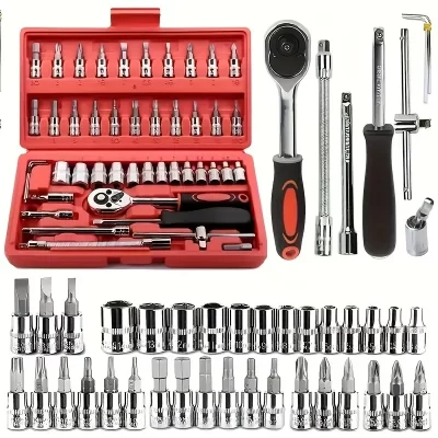 Caixa de ferramentas de chave de catraca combinada de reparo de automóveis de 46 peças, conjunto de ferramentas de reparo de soquete montado em veículo de manutenção automática kit de reparo de carro